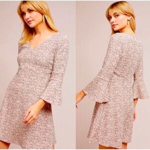 Maeve Anthropologie Susie Tweed Bell Sleeve Swing Dress Burgundy Cream Size S